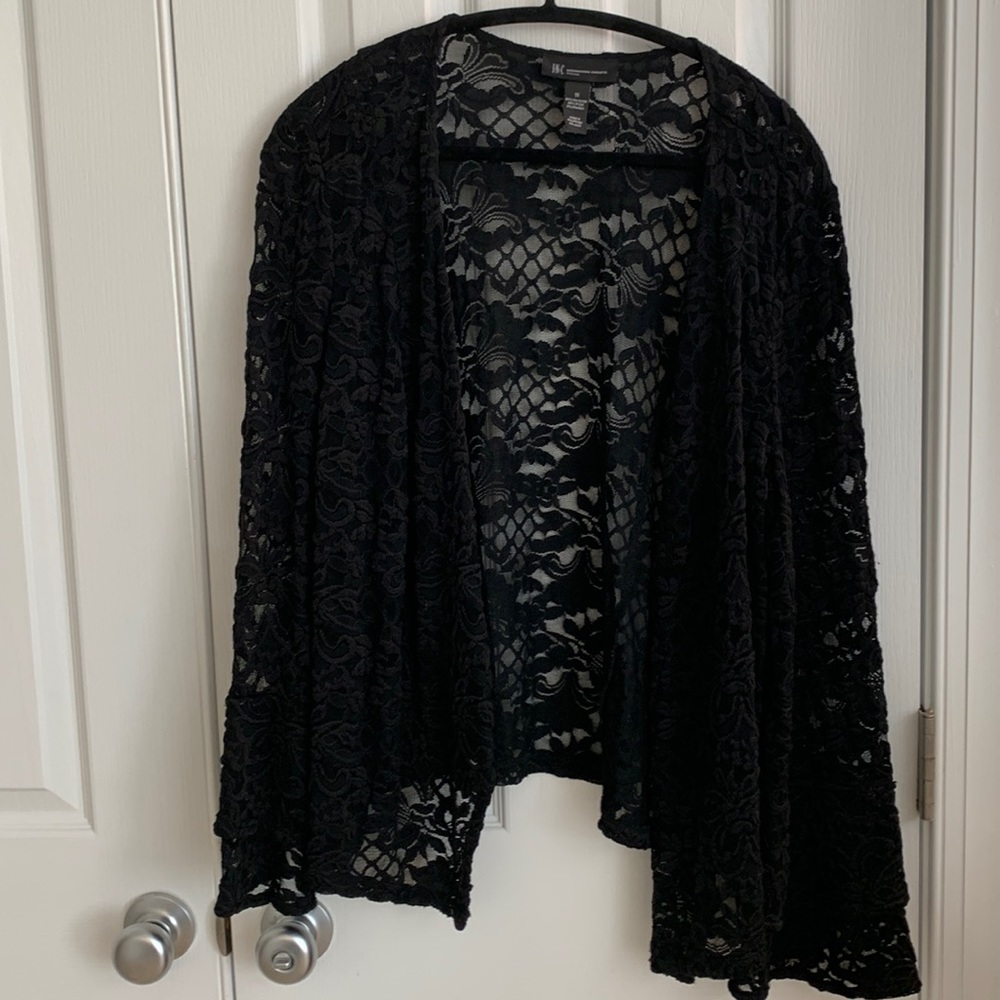 Drape front INC 1X Crochet lace jacket with bell sleeves